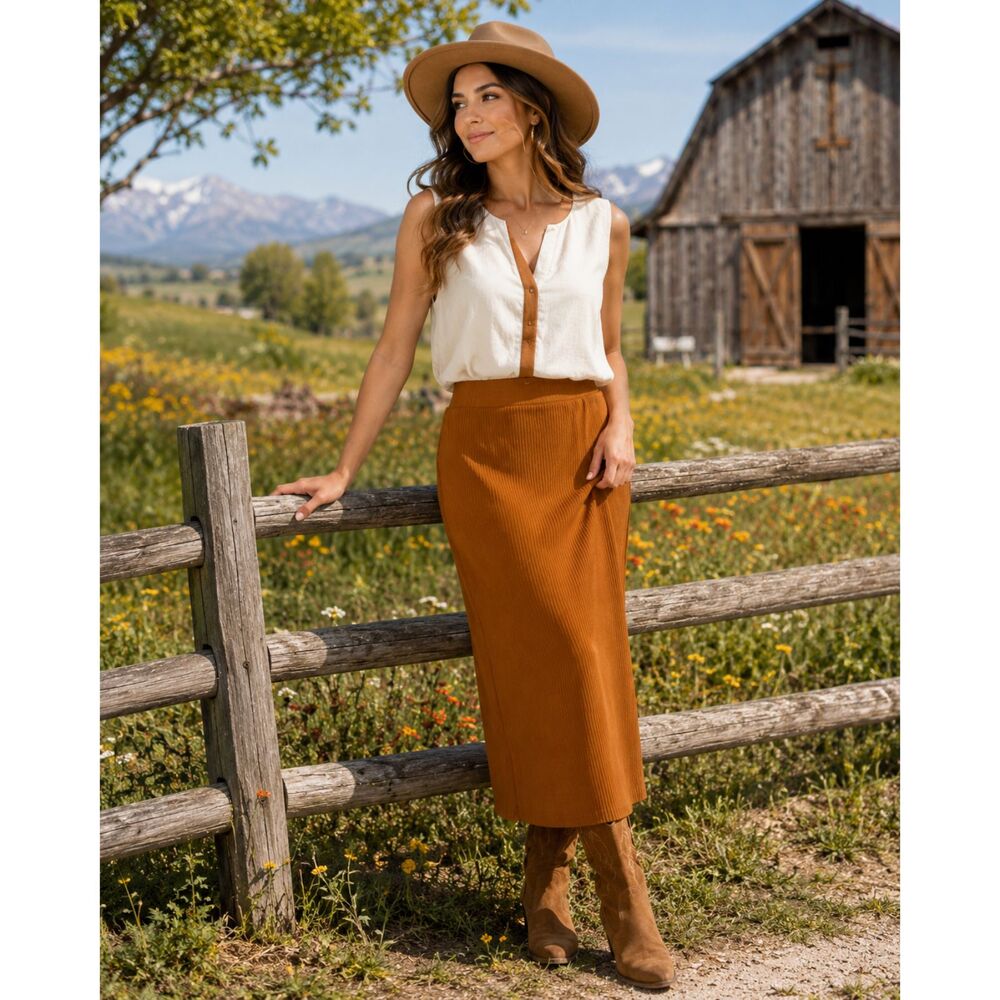 Lauren Ralph Lauren Black Label Rib-Knit Pencil Midi Preppy Boho Skirt Size XL